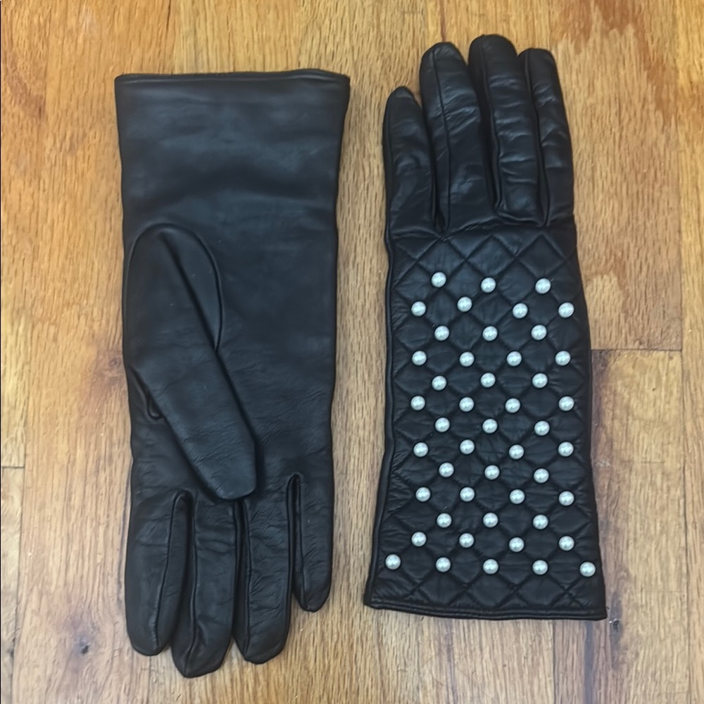 Genuine Black Leather Gloves with Pearl Accents